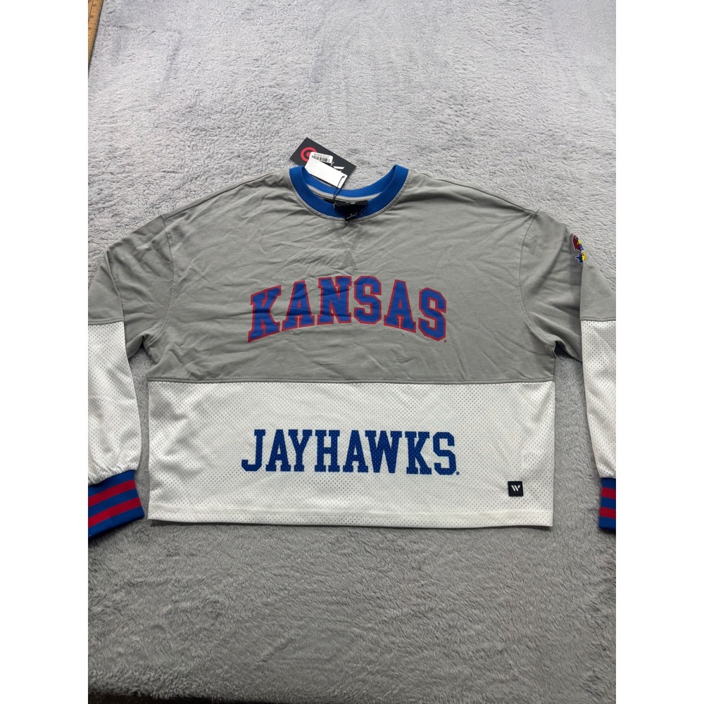 The Wild Collective‎ Kansas Jayhawks Women Small Grey White Cropped Mesh Shirt